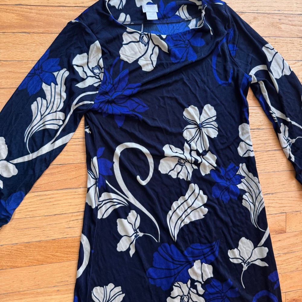 Chicos Travelers Floral Midi Dress Navy Blue Size 1 Medium Stretch 3/4 Sleeve